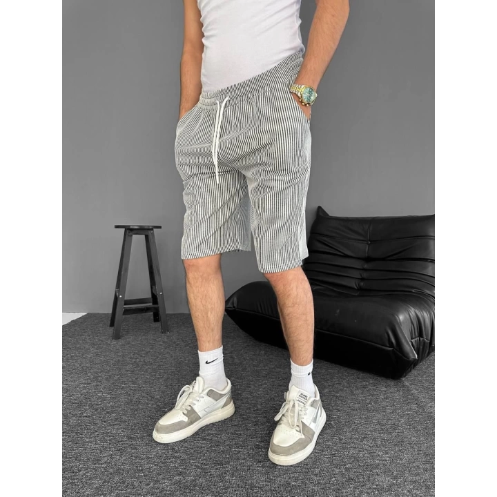 Çizgili Bel Lastik Basic Şort Gri