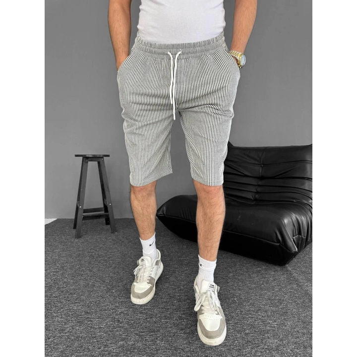 Çizgili Bel Lastik Basic Şort Gri