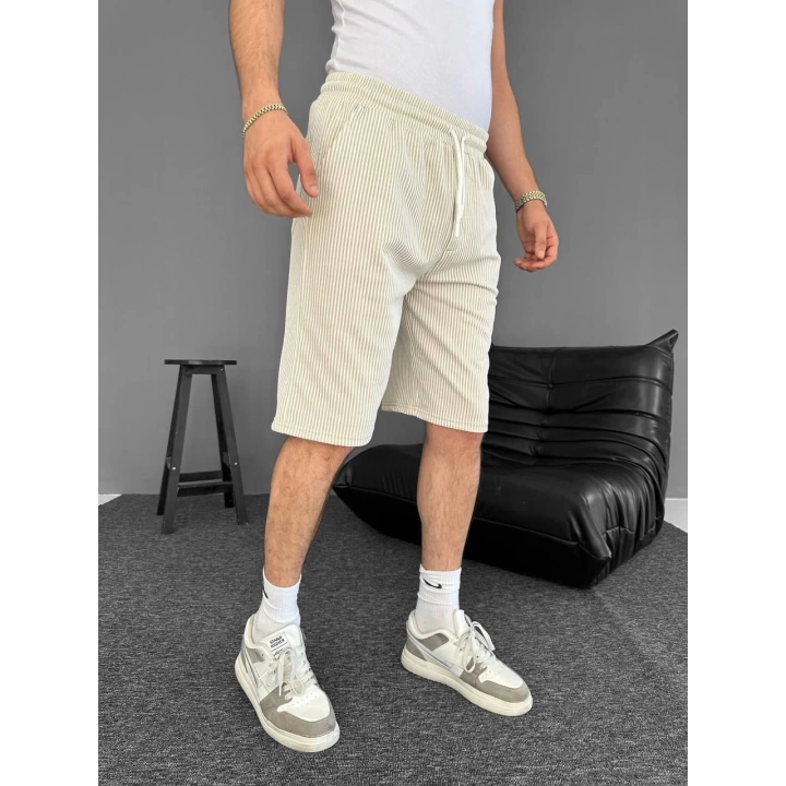 Çizgili Bel Lastik Basic Şort Krem