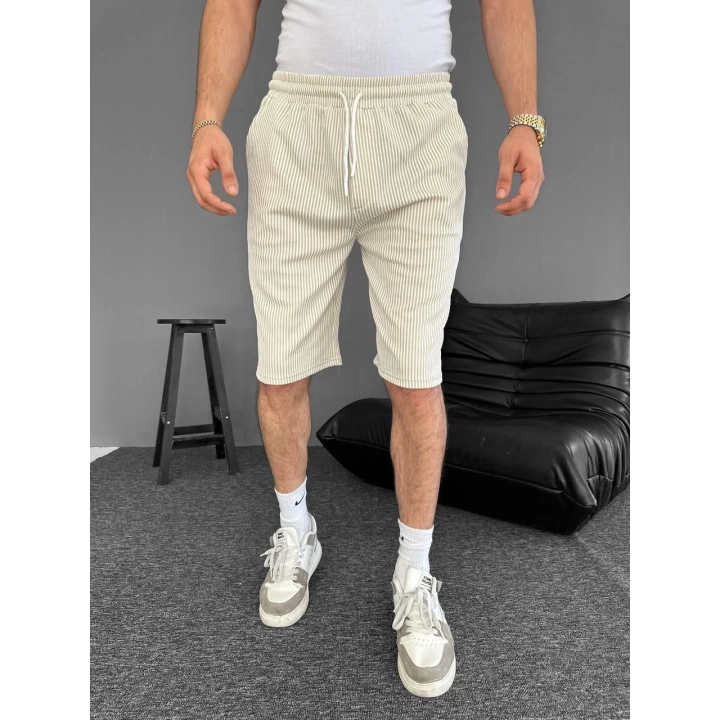 Çizgili Bel Lastik Basic Şort Krem