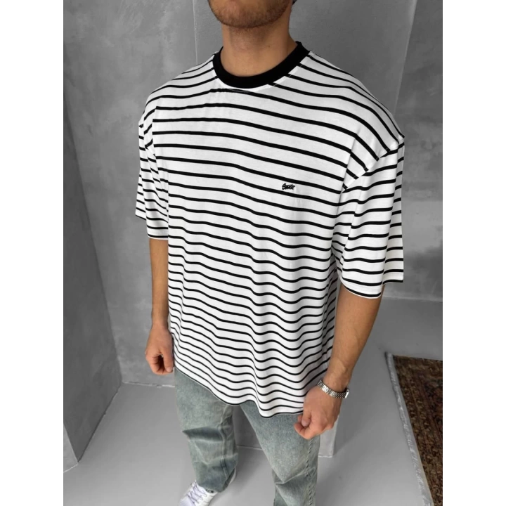 Çizgili SWD Unisex Oversize Tshirt Beyaz