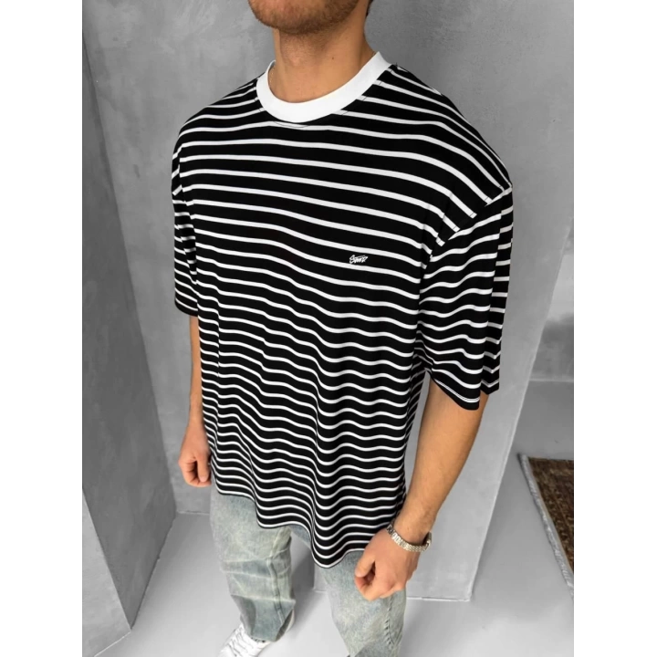 Çizgili SWD Unisex Oversize Tshirt Siyah