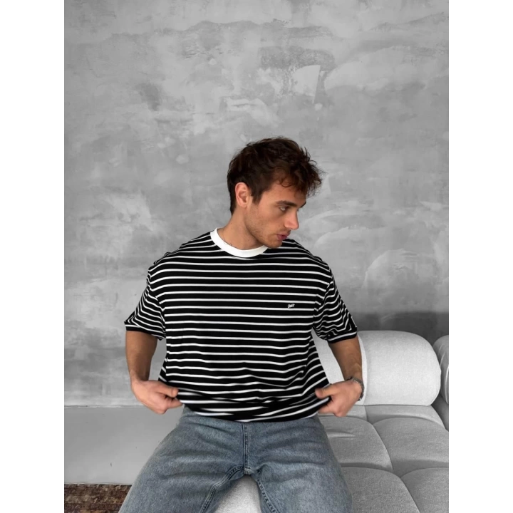 Çizgili SWD Unisex Oversize Tshirt Siyah
