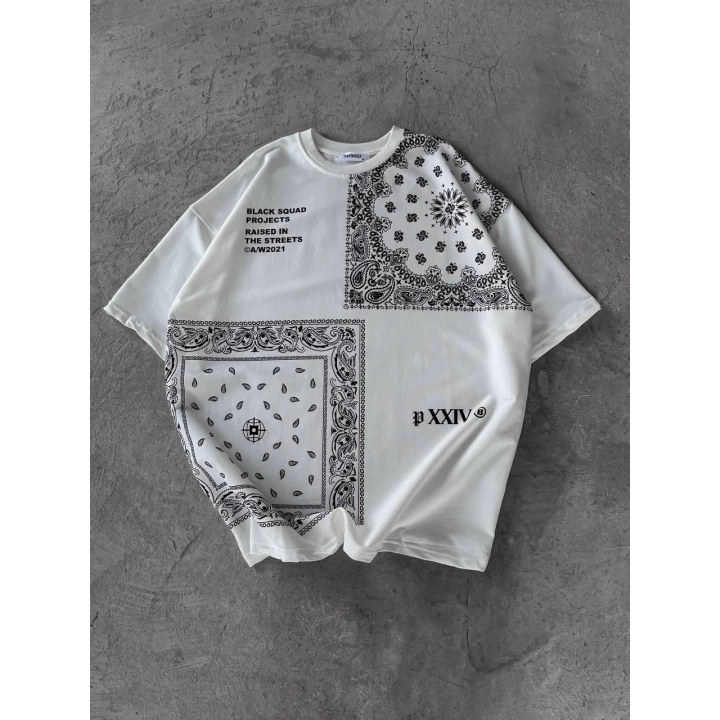 Desenli Unisex Oversize Tshirt Beyaz