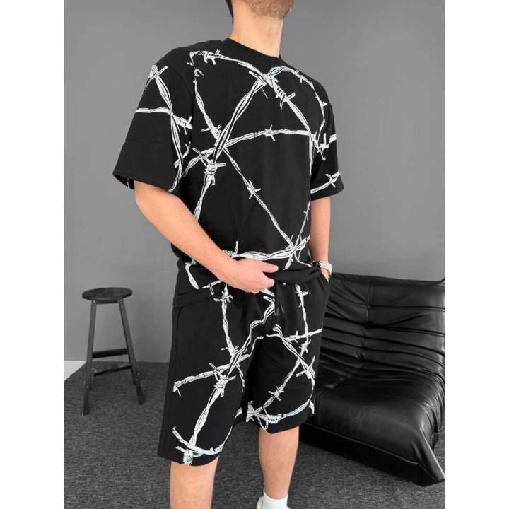 Diken Desen Unisex Şortlu Takım Siyah
