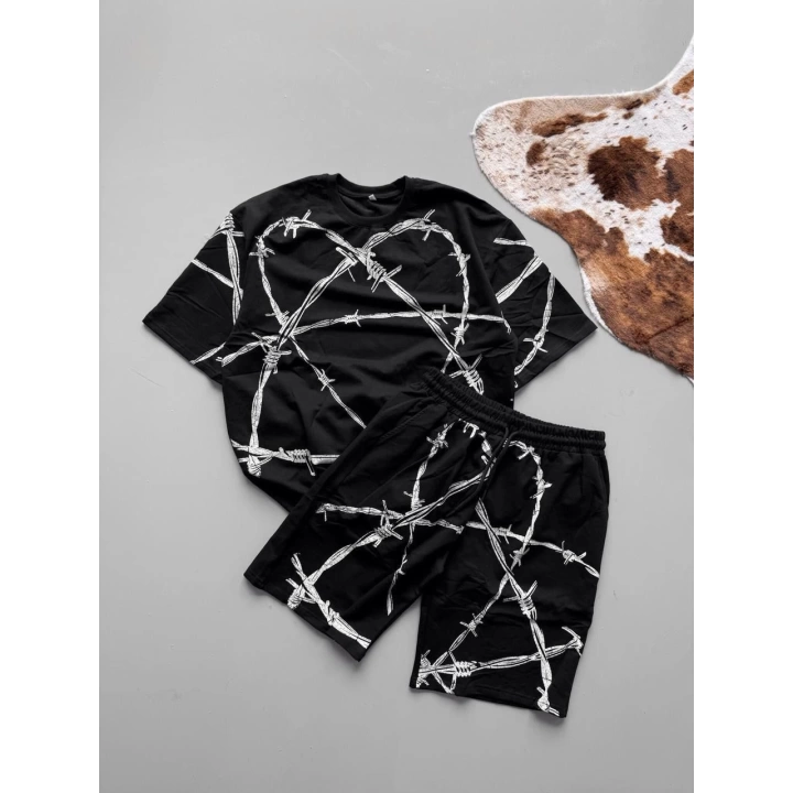 Diken Desen Unisex Şortlu Takım Siyah