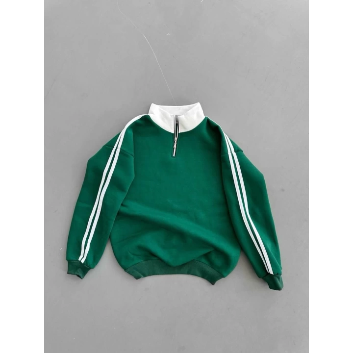 Fermuar Yaka Unisex Şardonlu Sweatshirt Yeşil
