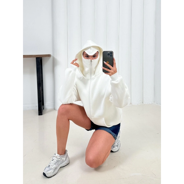 Kar Maske Unisex Oversize Hırka Beyaz