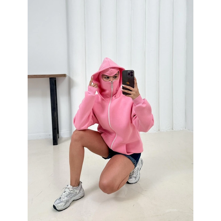 Kar Maske Unisex Oversize Hırka Pembe