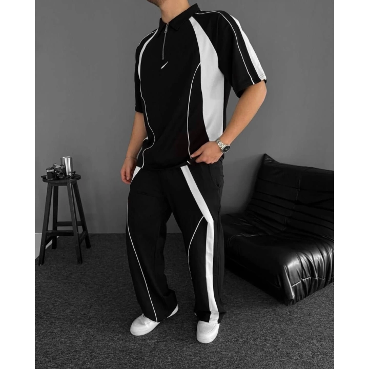 Logolu Dik Yaka Unisex Eşofman Takımı Siyah