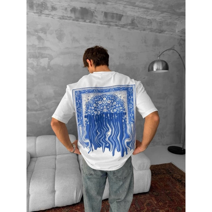 Monarch Unisex Oversize T-Shirt Beyaz-Mavi