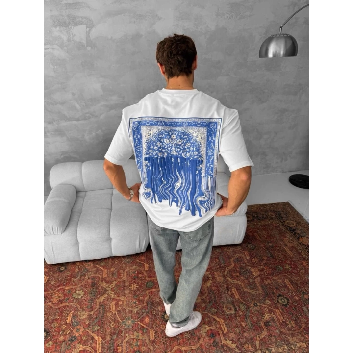 Monarch Unisex Oversize T-Shirt Beyaz-Mavi