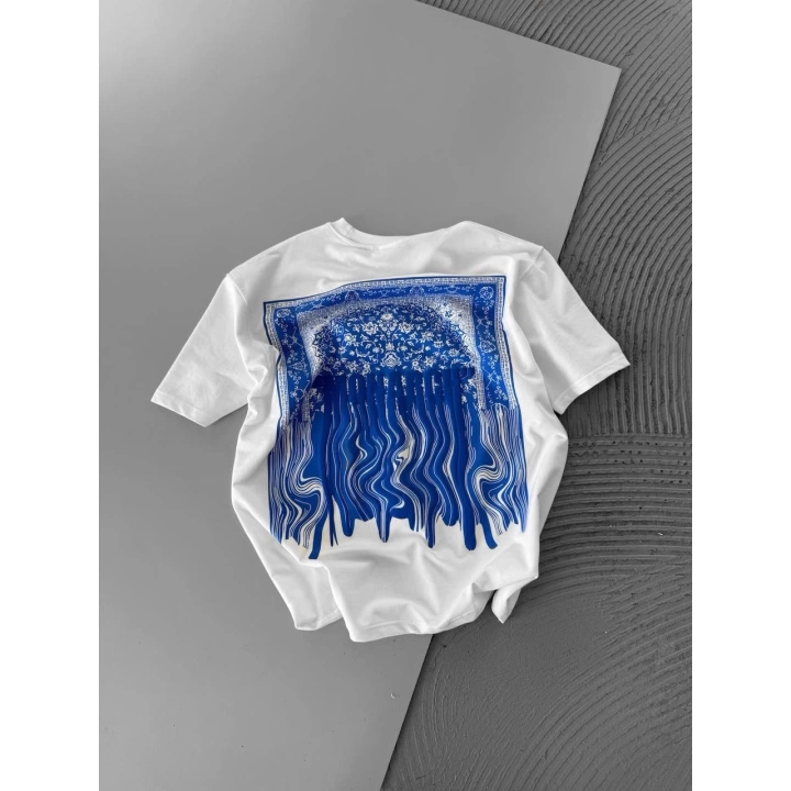 Monarch Unisex Oversize T-Shirt Beyaz-Mavi