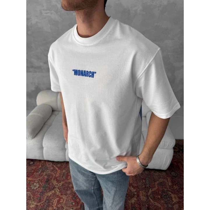 Monarch Unisex Oversize T-Shirt Beyaz-Mavi