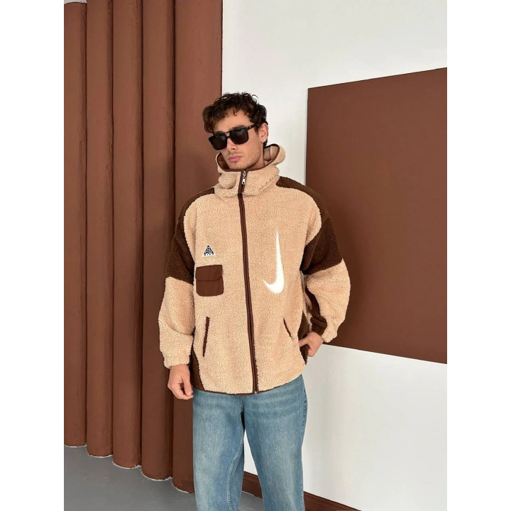 NK Kapüşonlu Unisex Peluş Ceket Bej