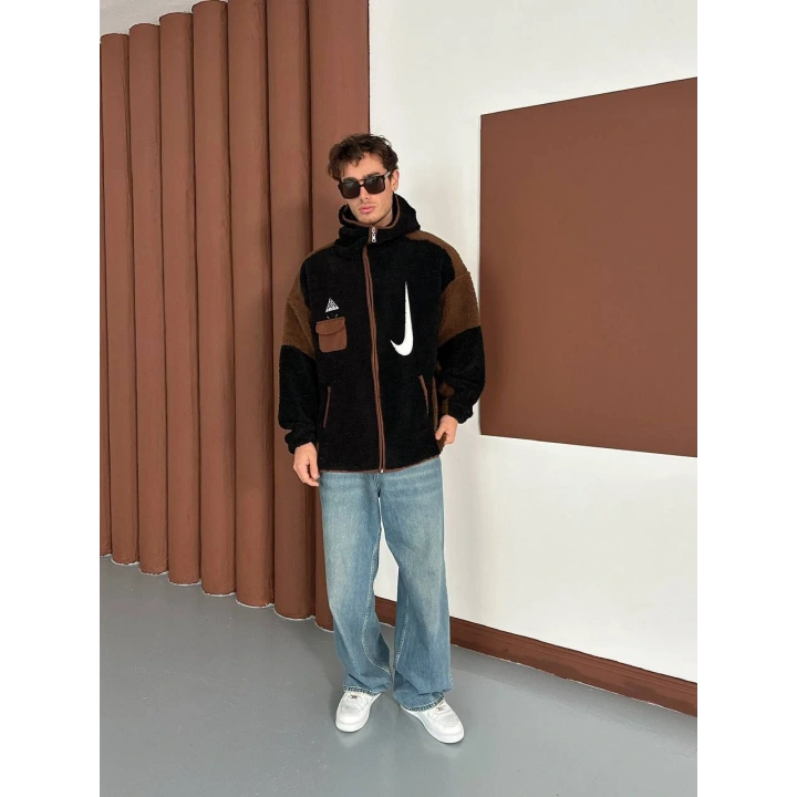 NK Kapüşonlu Unisex Peluş Ceket Siyah