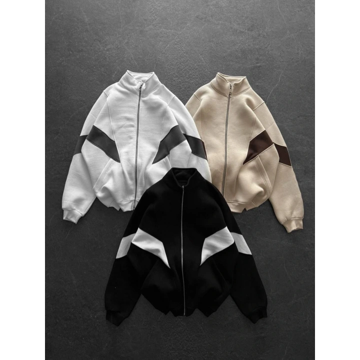 Parçalı Dik Yaka Unisex Oversize Hırka Bej