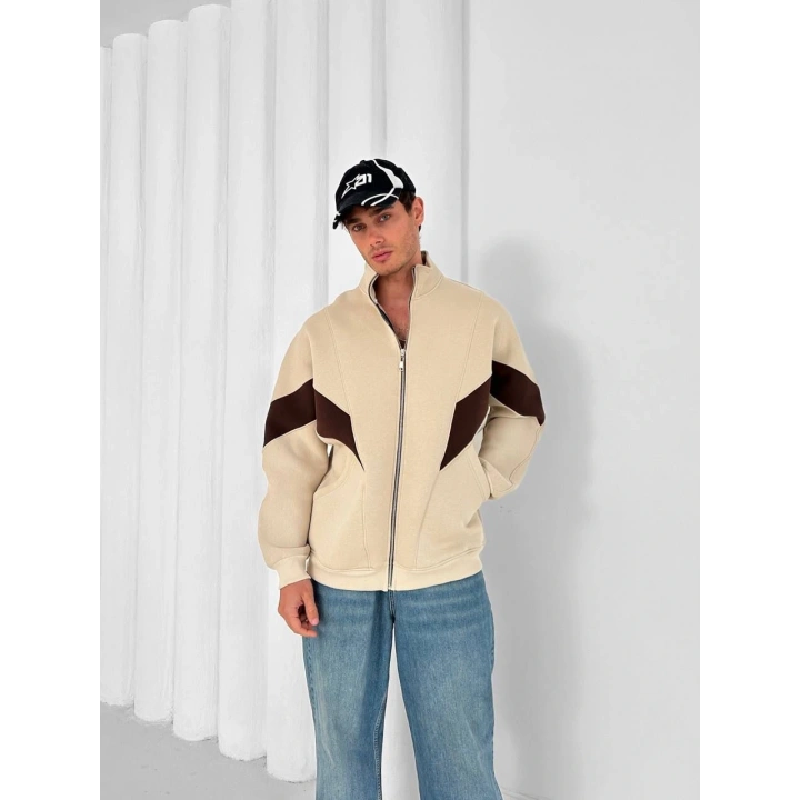 Parçalı Dik Yaka Unisex Oversize Hırka Bej