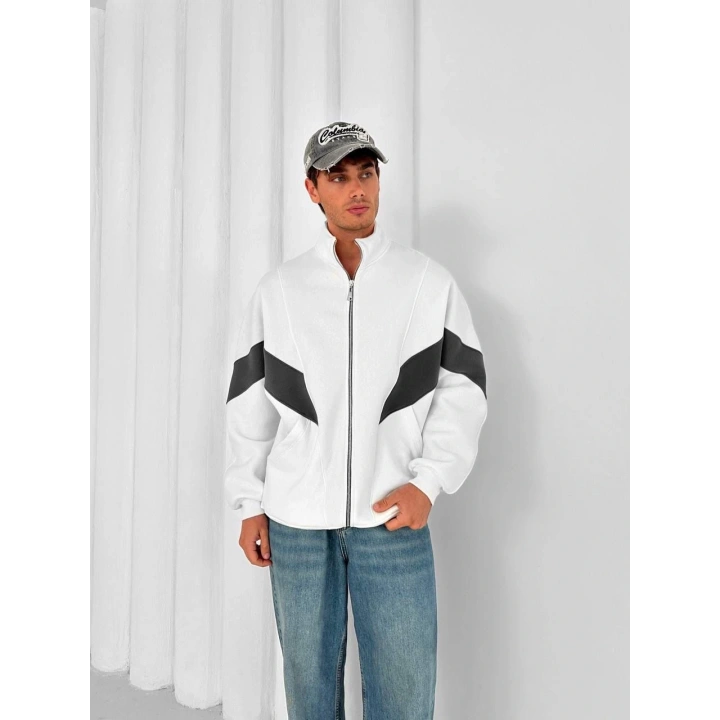 Parçalı Dik Yaka Unisex Oversize Hırka Beyaz