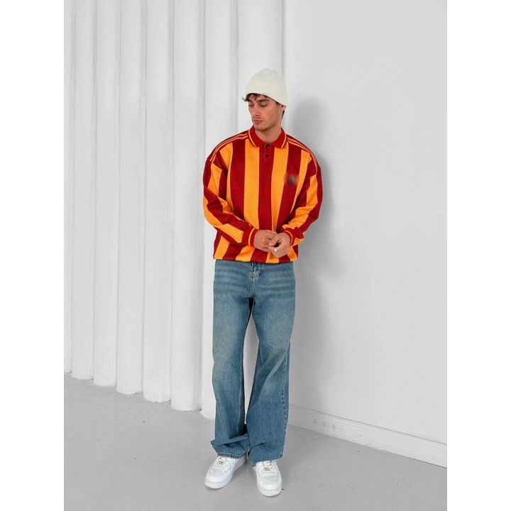 Polo Yaka Taraftar Unisex Oversize Sweatshirt Sarı-Kırmızı