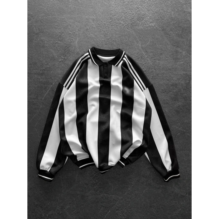 Polo Yaka Taraftar Unisex Oversize Sweatshirt Siyah-Beyaz