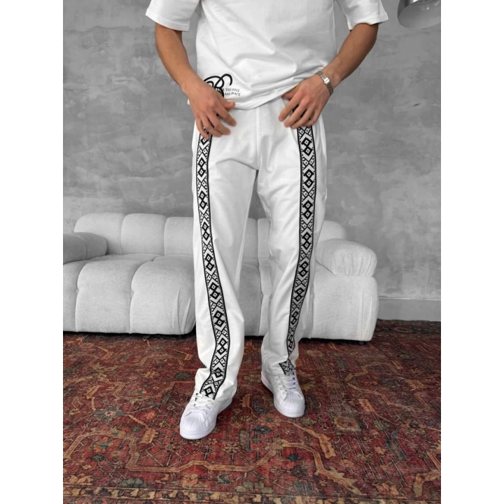 Şeritli İki İplik Unisex Eşofman Beyaz