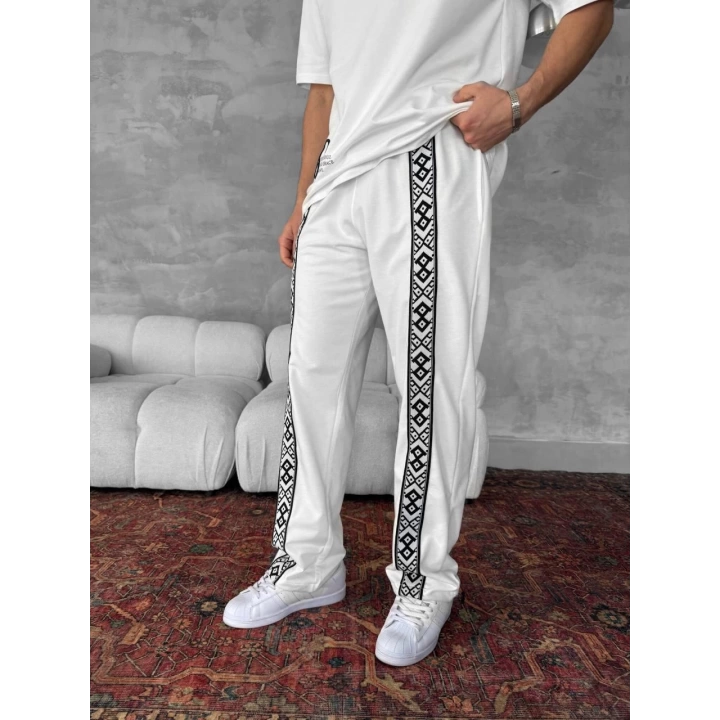 Şeritli İki İplik Unisex Eşofman Beyaz