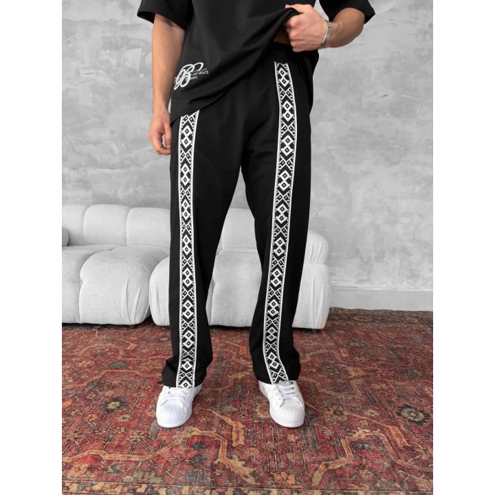 Şeritli İki İplik Unisex Eşofman Siyah