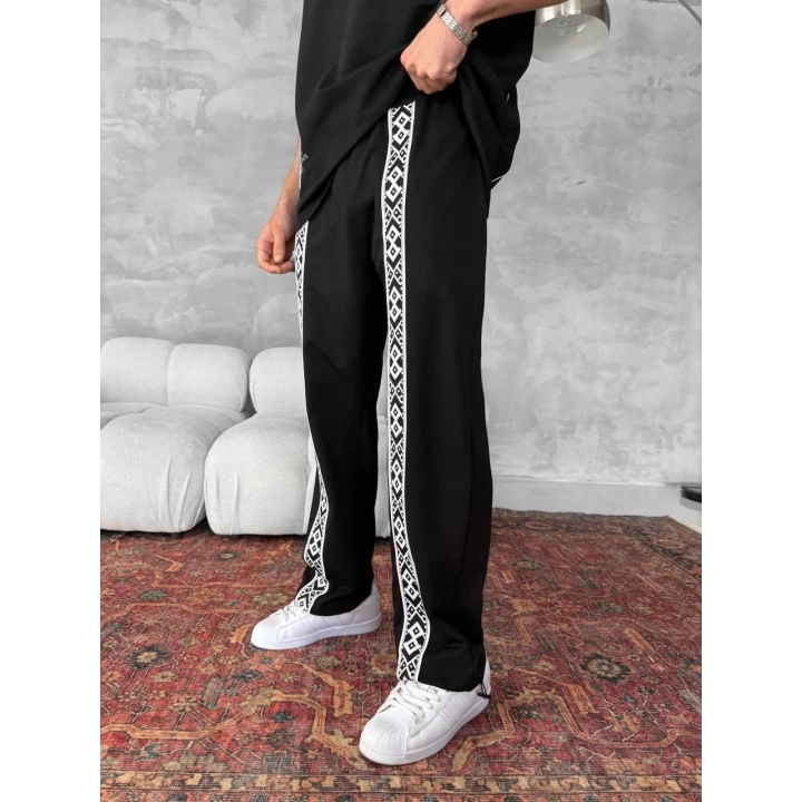 Şeritli İki İplik Unisex Eşofman Siyah