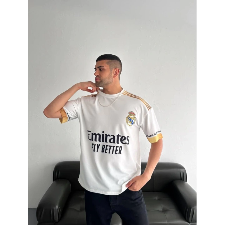 Şeritli Oversize Unisex Tshirt Beyaz