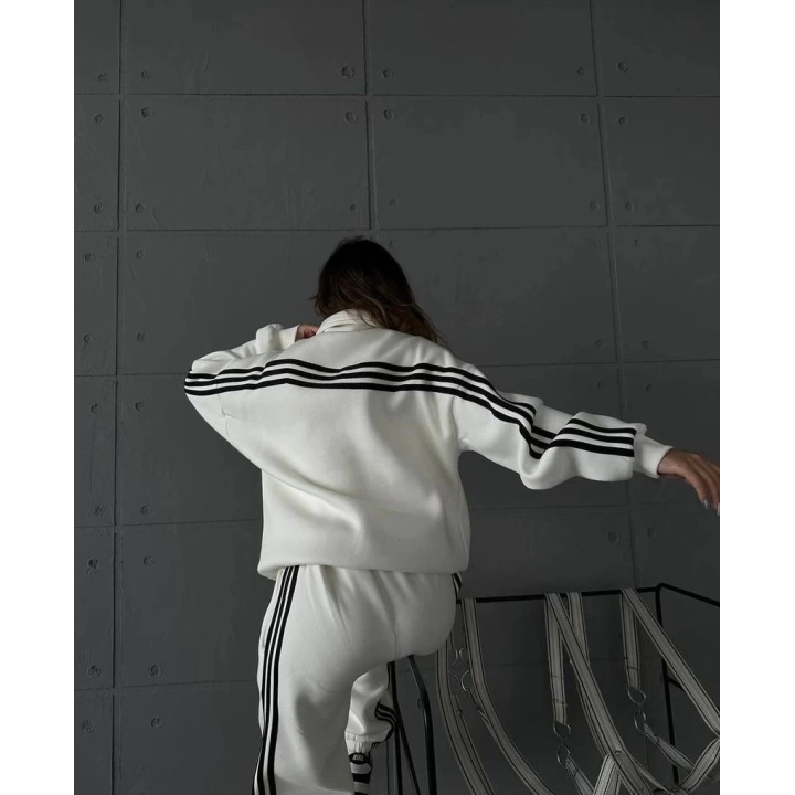 Şeritli Şardonlu Unisex Eşofman Takımı Beyaz