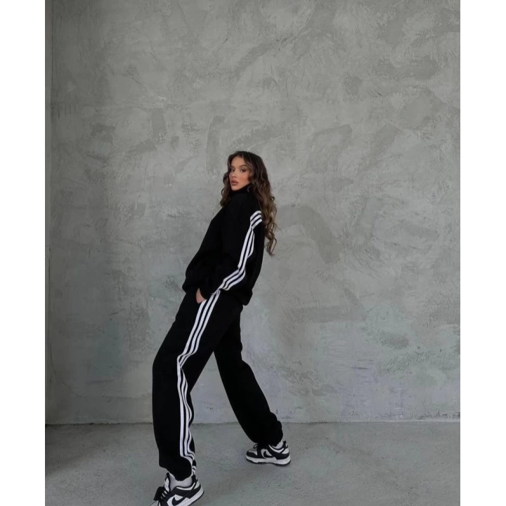 Şeritli Şardonlu Unisex Eşofman Takımı Siyah
