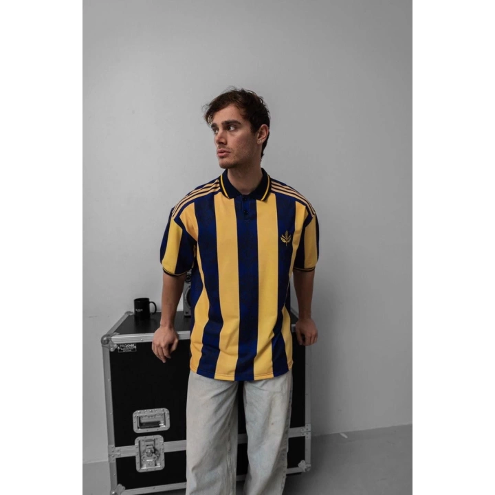 Şeritli Taraftar Unisex Polo Yaka Tshirt Sarı-Lacivert
