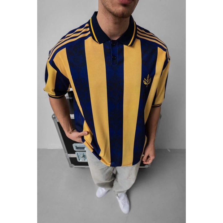 Şeritli Taraftar Unisex Polo Yaka Tshirt Sarı-Lacivert