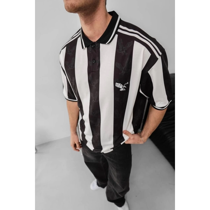 Şeritli Taraftar Unisex Polo Yaka Tshirt Siyah Beyaz