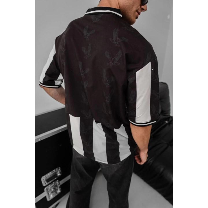 Şeritli Taraftar Unisex Polo Yaka Tshirt Siyah Beyaz