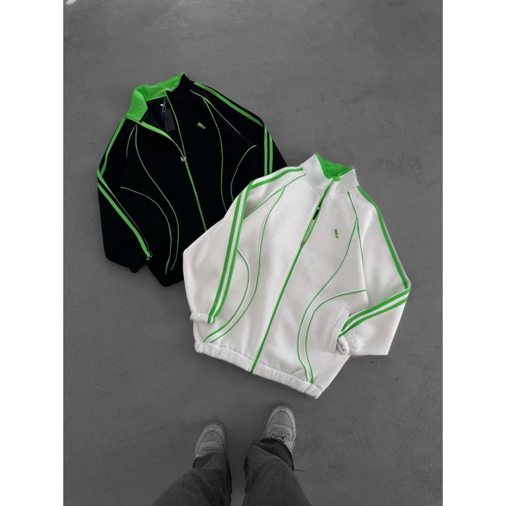 Şeritli Unisex Oversize Hırka Beyaz