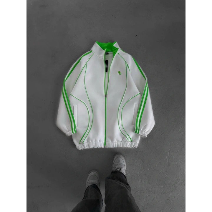 Şeritli Unisex Oversize Hırka Beyaz