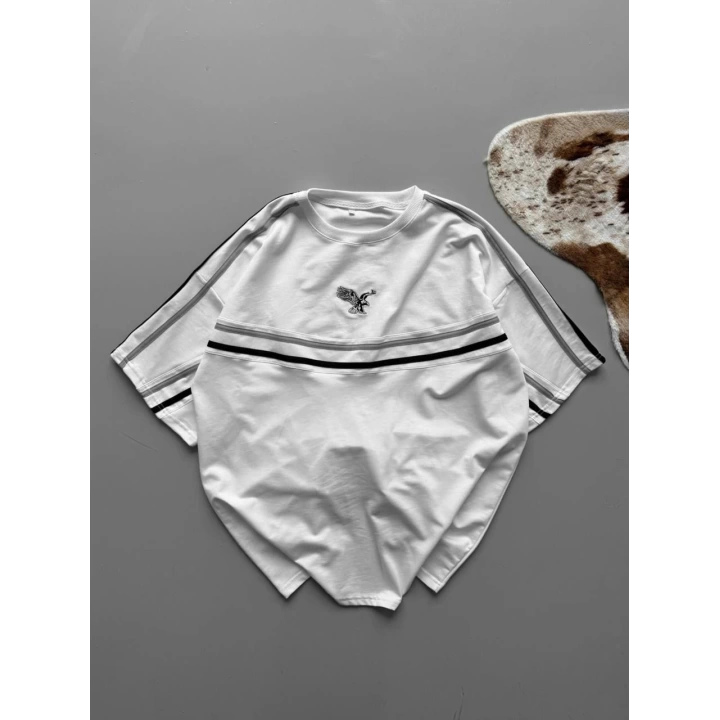 Şeritli Unisex Taraftar Tshirt Beyaz