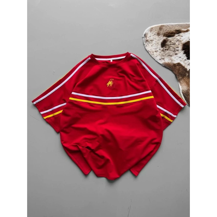Şeritli Unisex Taraftar Tshirt Kırmızı