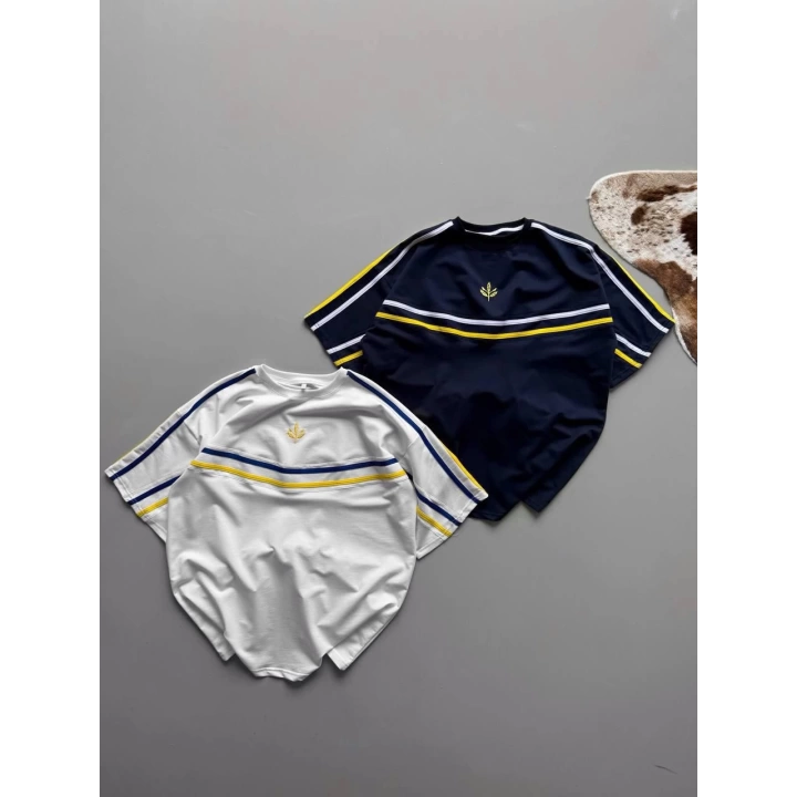 Şeritli Unisex Taraftar Tshirt Beyaz
