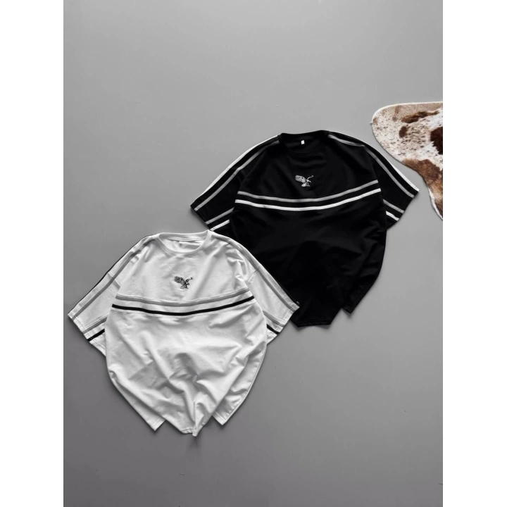 Şeritli Unisex Taraftar Tshirt Siyah