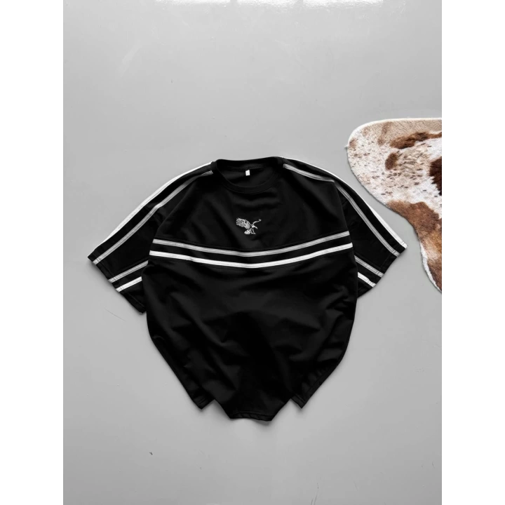 Şeritli Unisex Taraftar Tshirt Siyah