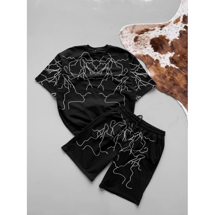 Şimşek Desen Unisex Şortlu Takım Siyah