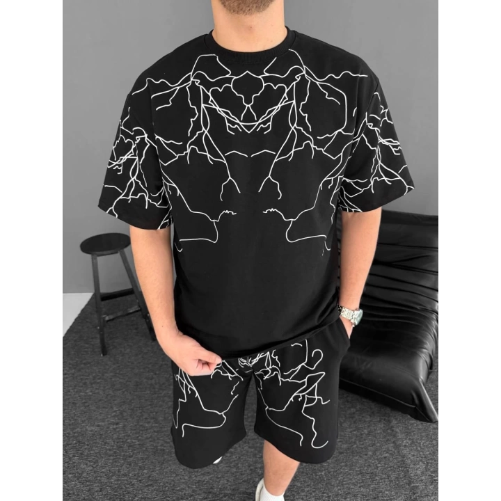 Şimşek Desen Unisex Şortlu Takım Siyah