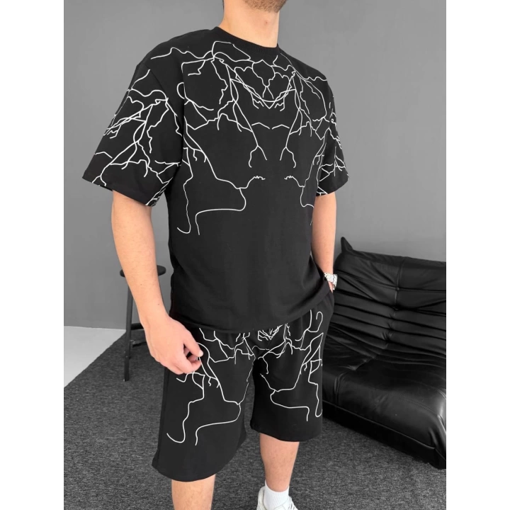 Şimşek Desen Unisex Şortlu Takım Siyah