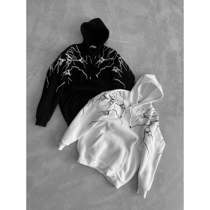 Kapüşonlu Şimşek Şardonlu Unisex Sweatshirt Siyah