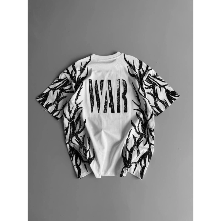 War Baskı Oversize Unisex Tshirt Beyaz