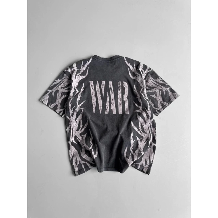 War Baskı Oversize Unisex Tshirt Füme