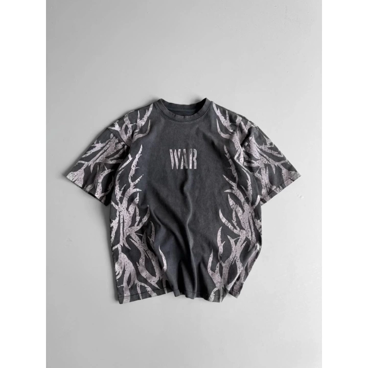 War Baskı Oversize Unisex Tshirt Füme